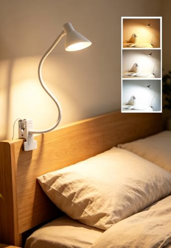Clip on Light USB Reading Light for Bed with Clamp, Dimmable Reading Lamp - color: White