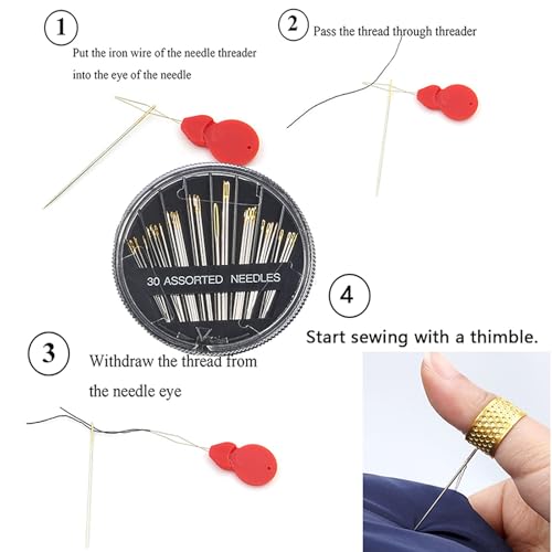 30Pcs Hand Sewing Needles 6 Sizes Large Eye Embroidery Steel Needles Kit with 2 Threaders for DIY Craft Projects,Quilting,Darning Handsewing,Sewing Repair