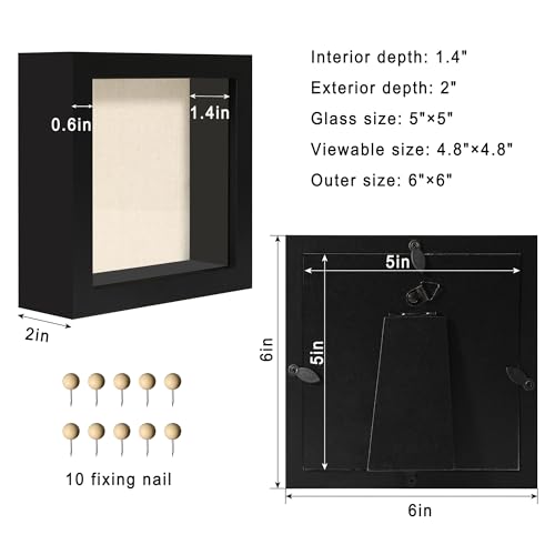 5x5 Small Shadow Box Picture Frame Display Case with Soft Linen Back, Black Wooden Memory Shadow Box Frame with Tempered Glass Cover for Wall or Tabletop Display - color: Black, size: 5x5