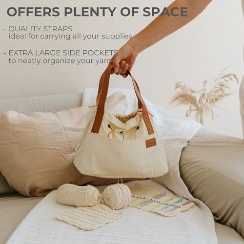Stylish Crochet Bag Organizer for Yarn - Durable Canvas with 8 Pockets - color: Beige