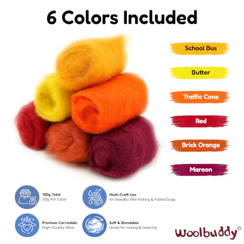 Woolbuddy Corriedale Wool Roving for Needle Felting (Red Orange) 20g Each - color: Red/Orange