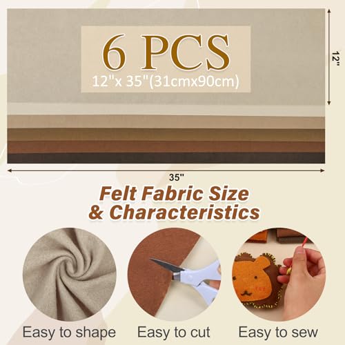 XSEINO 6 Rolls 12"x35" 1.4mm Thick Soft Felt Fabric Sheet 6 Assorted Earth Tone Series Colors Felt Pack for DIY Craft Sewing Squares Nonwoven Patchwork - color: Earthtone Series