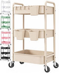 Beige 3 Tier Rolling Storage Cart Metal on Wheels, Cream Diaper Caddy Carts - color: Gentle‌ Beige, size: 3 Tier + Cups + Hooks