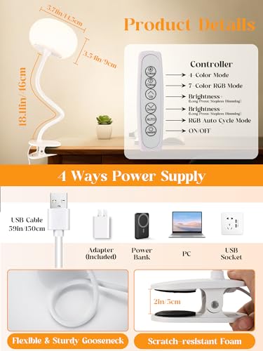 Clip on Lamp, 10 RGB Colors+10 Brightness Clip on Desk Lamp for Dorm Lamp