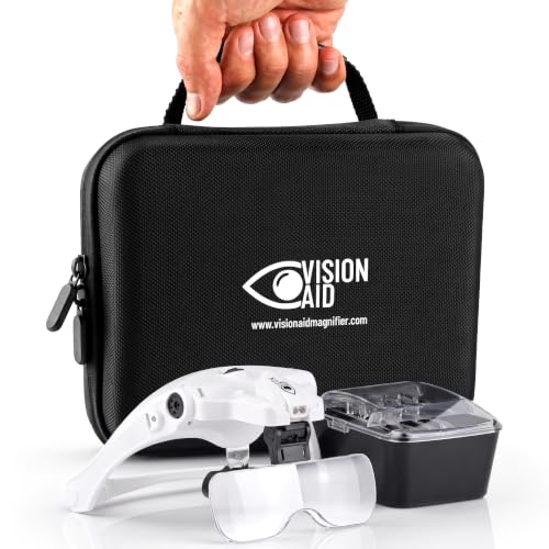 Vision Aid Magnifying Glasses with LED Light, 5 Lenses, Headband, Storage Case | Hands Free Lighted Head Mount Magnifier for Hobby Crafts Macular Degeneration Cross Stitch Diamond Painting Close Work - style: USB Rechargeable - Expert Set
