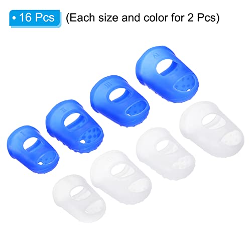 PATIKIL Rubber Finger Tips, 16 Pack Silicone Thumb Fingertip Protector Covers Pads Thimble for Guitar Playing Office Counting Sewing, Clear, Blue 4 Size