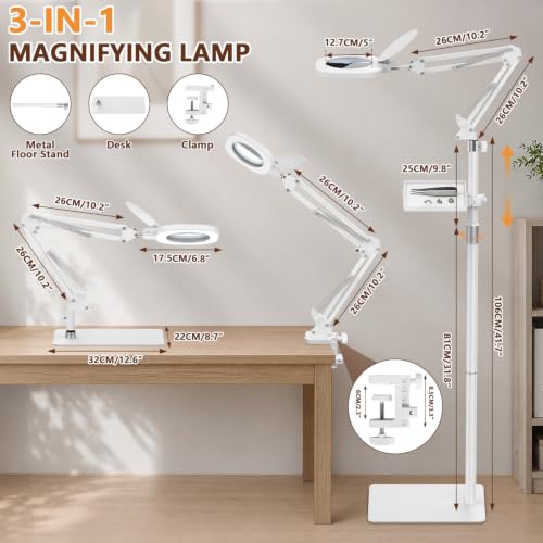 15X Magnifying Lamp with Light, 3-in-1 LED Lighted Magnifying Glass Desk Clamp Floor Stand,Optical Glass，Stepless Dimming，Lighted Magnifiers for Close Work,handicrafts, Repair,Reading, White - color: White