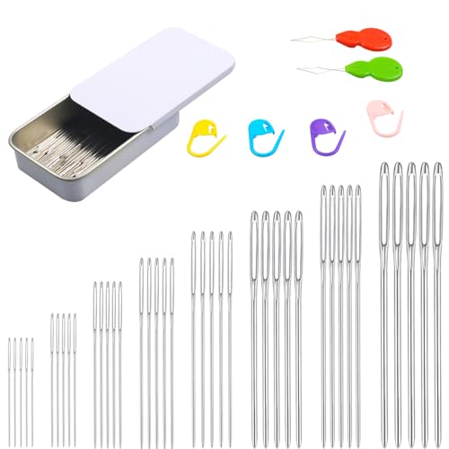 Eketirry 46 PCS Large-Eye Blunt Needles kit, 8 Sizes Stainless Steel Yarn Knitting Sewing Needles, Crafting Weaving Stringing Needles with Threaders and Stitch Markers (White) - color: White