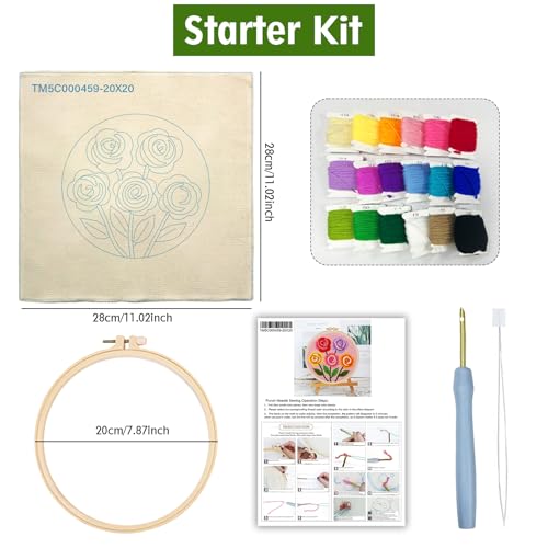 ZuoAnLF Punch Needle Kit for Beginner, Rug Yarn Hooking Beginner Kit with Instruction, Punch Needle Fabric with Pattern, Yarns, Embroidery Hoops for Punch Needle 20CM/9.8INCH (Flower) - color: flower