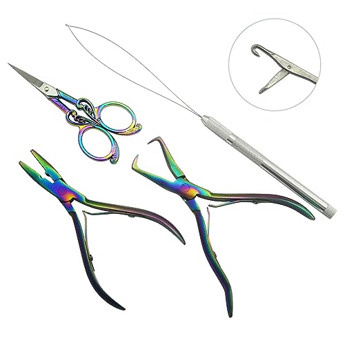 Hair Extension Beading Tool Kit Hair Extensions Micro Link Bead Closer and Remover Pliers and Cutting Scissors Set, Link Micro Ring Loop Needle Pulling Hook Threader Wire for Silicone Rings（Rainbow）