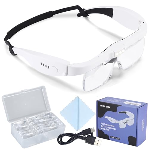YOCTOSUN Magnifying Glass with Light, 0.75X-4.0X Magnifying Glasses, Head Magnifier Glasses with 3 LED Lights and 5 Lenses, Rechargeable Hands Free Headset Magnifier for Close Work Crafts Jewelry - color: White