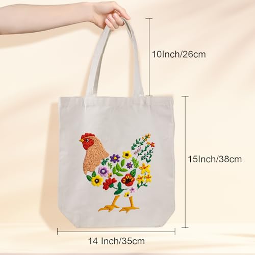 Louise Maelys Embroidery Kit, Canvas Tote Bag with Floral Hen Art Pattern - color: hen flowers