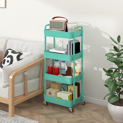 Sywhitta 4-Tier Plastic Rolling Utility Cart with Wheels for Storage,Green - color: Green, size: 4-tier