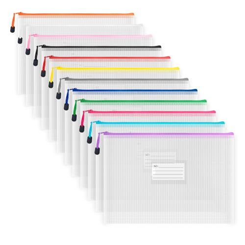 Plastic Mesh Zipper Pouch, 12 Pcs Zipper File Bags with Label Pocket, Game Boards Storage Bags, Waterproof Document Storage Bags for Office Home Travel Cosmetic (A4 Size 13.4 x 9.4 in) - size: A4 Size 13.4x9.4in