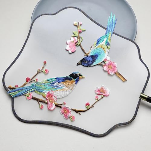 Iron/Sew on Applique Repair Patches, Multicolor Bird on Plum Branch Patch - color: Multicolor Bird on Plum Branch
