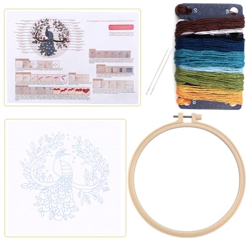 Embroidery Kit for Beginners, Needlepoint Kits for Adults with Peacock Stamped Pattern Hand Crafts, Adults Starter Cross Stitch Kit DIY Needlepoint with Hoop, Needles Stamped Patterns DIY Supplies - color: Peacock