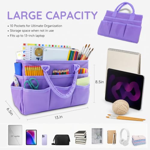AKAYOK Craft Storage Tote Bag with 10 Pockets,Sturdy Art Supply Organizer - color: Purple