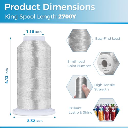 Simthread 2700 Yards Metallic Embroidery Machine Thread - Gray Silver MS-019, 40wt High-Sheen King Spool, Smooth Running & Break Resistant for Commercial & Home Embroidery Machines - color: Gray Silver MS-019