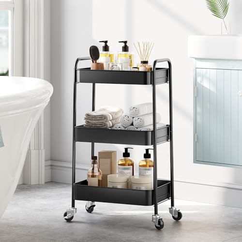 TOOLF 3 Tier Metal Rolling Cart, Utility Storage Cart with Wheels, Black - color: Black, size: 3-Tier