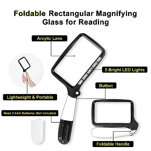 3X Folding Magnifying Glass with Light, Retancular Lighted Magnifier with 5 LED Lights, Handhold Page Magnify Lens Seniors Gift for Reading Books, Coins, Maps, Inspection, Exploring -Black - style: Folding Black