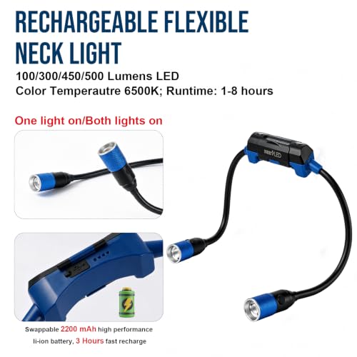NextLED NT-6763 Rechargeable Neck Light, 500 Lumens Mechanic Neck Light with Adjustable Spot/Flood Beams, Flexible Arms, Magnetic Mounts, Replaceable Battery, Wearable Flashlight for Work & Repair