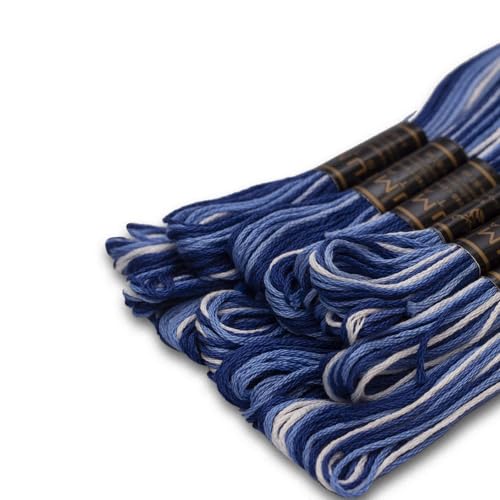 Pack of 12 Premium Embroidery Thread | 100% Egyptian Cotton Premium Skeins | Cross Stitch Embroidery Floss | Oeko TEX Certified | Ideal for Arts & Crafts (Blue Variegated 1210) - color: Blue Variegated 1210