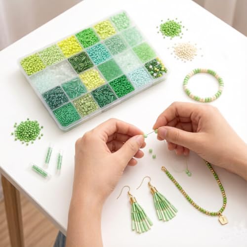 24 Grid Green Glass Seed Bugle Tube Beads Kit for Jewelry Making DIY Craft - color: green, size: 24 Grid
