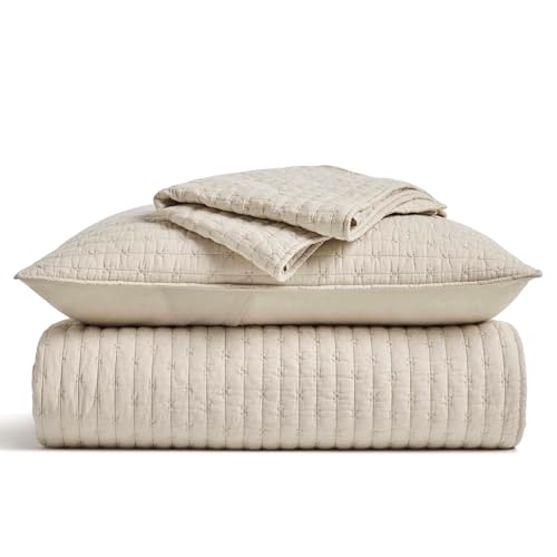 EVERGRACE 100% Cotton Cross Stitch 3-Piece Quilt Set, Queen, Flax Beige - color: Flax Beige, size: Full/Queen (92" X 96")