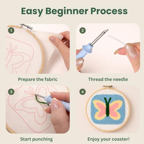 Kukovaya Punch Needle Kit for Beginners & Adults; Complete DIY Embroidery 6-Coaster Kit with Printed Fabric, Yarn, Needle, Hoop & Guide Easy Craft Kit for Home Decor, Gifts & Stress Relief