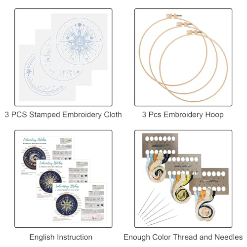 Louise Maelys 3 Pack Tarot Sun Moon Embroidery Kit for Beginners Celestial - color: kit-11