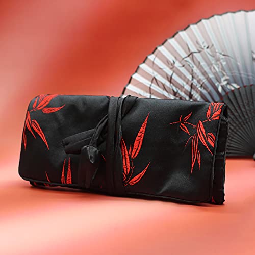 SmilerSmile Jewelry Travel Bag Embroidery Travel Jewelry Organizer with Tie Close Embroidered Flower Jewelry Roll for Women Girls (Red Leaf BLK) - color: Red Leaf Blk