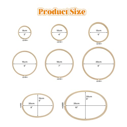 SNAIL GARDEN Round & Oval Bamboo Embroidery Hoop Set - with Screwdriver , 8 Sizes Embroidery Frame (3"-10") , Cross Stitch Hoops for Hand Embroidery, Craft Sewing & DIY Art Projects