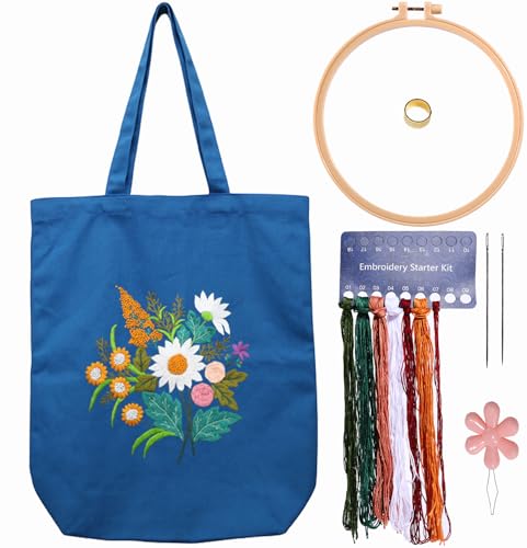 Canvas Tote Bag Embroidery Kit with Pattern for Beginners, Arts and DIY Embroidery Crafts Kits for Adults, Instructions, thimble, Embroidery Hoops, Color Threads (darkblue, CR002 chenhuicaoxin) - color: CR002 chenhuicaoxin darkblue