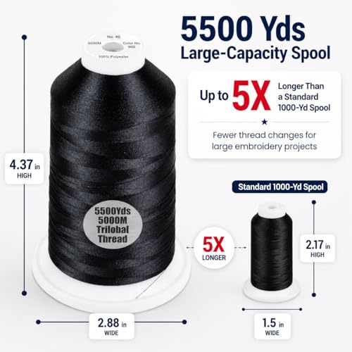 Simthread 5500Yds/5000M 40WT Polyester Embroidery Thread Black 900 - color: Black-900