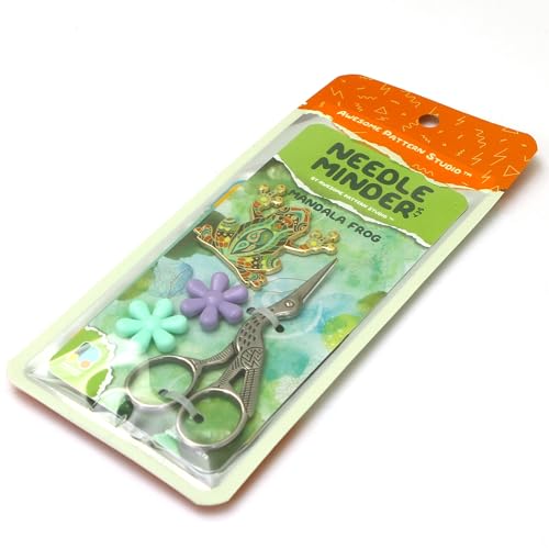 Awesome Pattern Studio Needle Minder Set - Mandala Frog Magnetic Needle Minder + 2 Needle Threaders + Crane Scissors. Enamel Pin for Cross Stitch, Embroidery and Craft - size: Frog Set #2