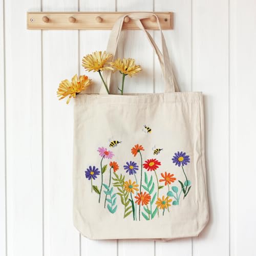 Louise Maelys Bee and Flowers Embroidery Kit for Beginners Canvas Tote Bag - color: daisy flower