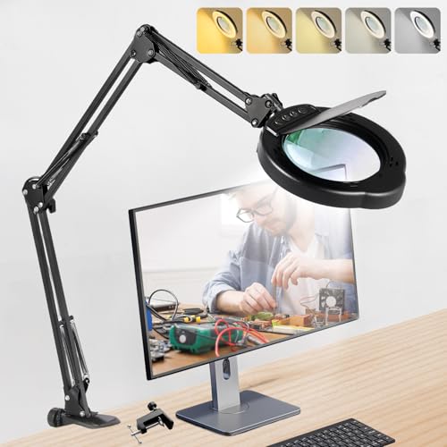 12XMagnifying Glass with Light and Stand|Magnifying Lamp with 3-Section Swing Arm,5 Color Modes LED Lighted Magnifier Lamp for Workbench (Black Ultra Long)