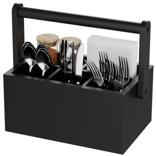 Silverware Caddy with Removable Dividers, Portable Utensil Holder for Party & Picnic, Bamboo Countertop Cutlery Organizer with Handle for Kitchen, RV & Outdoor Events (Black) - color: Black