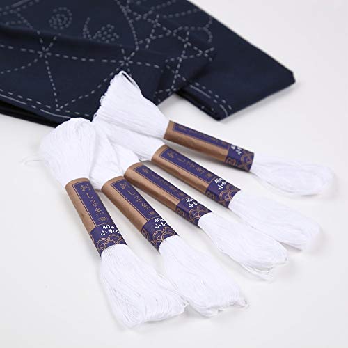 Sashiko kit, Yokota Sashiko Thread and Template Yume Fukin with Original English Manual, Fabric, Japanese Textile (White Thread/Navy Dishcloth 2) - color: White Thread / Navy Dishcloth 2