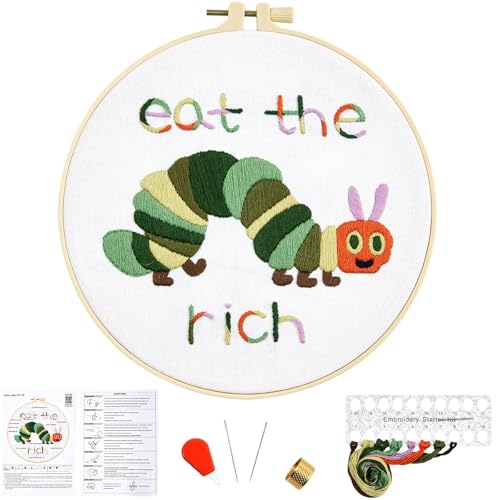 Hungry Caterpillar Embroidery Kits for Beginners Adults, Cute Embroidery Starter Kits, Counted Cross Stitch Kits for Beginners DIY Craft Kits for Adults Women, Embroidery Hoop, Thread & Video Tutorial - color: H2040, size: 8Inch