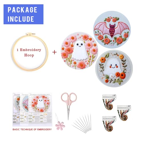 LB Pink Halloween Embroidery Kit for Beginners Adults, 3 Sets Hand Embroidery Starter Kit with Ghost Pattern and Instructions Stamped Cross Stitch Kits Include Embroidery Hoop Needles Threads Scissors - color: Pink White
