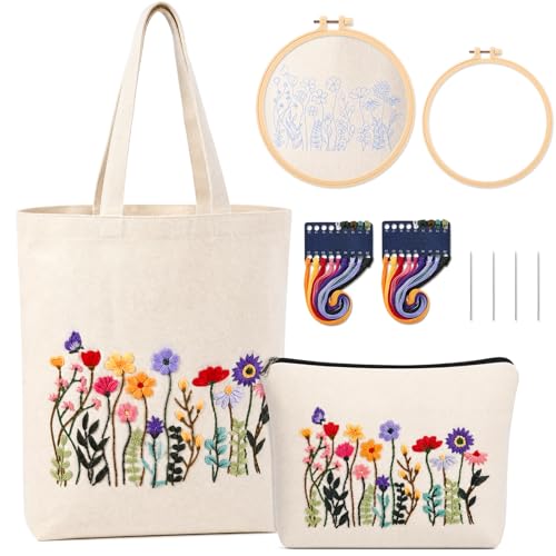 SilTriangle Embroidery Kit for Beginners Canvas Tote Bag Makeup Bag Set Cross Stitch Kits Floral Flower for Adults, Arts Crafts Needlepoint Women Shopping Reusable Bags