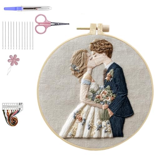 HCANPER Sweet Couple Embroidery Starter Kit, Valentine's Day Gifts，DIY Needle Punch Kit, Punch Needle Kits for Beginners,Include Pre-Printed Fabric,Tools,Embroidery Hoop,Threads. (Two) - color: Two