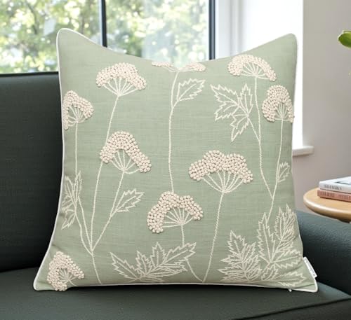 Rudransha Hand Embroidered Wildflower Throw Pillow Cover - 20x20 Inch Light Green Cotton - Blooming - color: Blooming-light Green, size: 20" x 20" (Pack of 1)