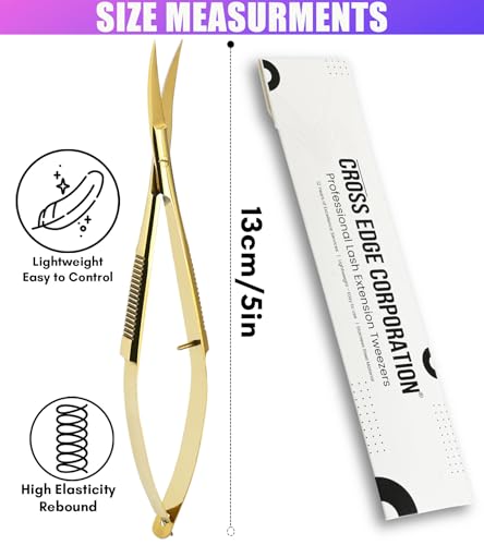 Cross Edge Curved Spring Scissors 5 Inch Stainless Steel Precision Eyebrow & Eyelash Shaping & Trimming Scissor, Snips Squeeze, Embroidery, Knitting Micro Tip Craft Scissors (Gold) - color: Cec-ss-26