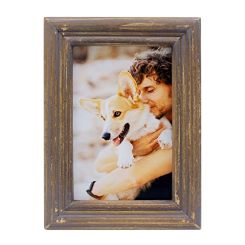 CVHOMEDECO. 4x6 Picture Frame Made of Solid Wood High Definition Glass Rustic Antique Designs Small Photo Frame for Tabletop Display and Wall Mounting, Distress Brown - color: Distress Brown B, size: 4" X 6"