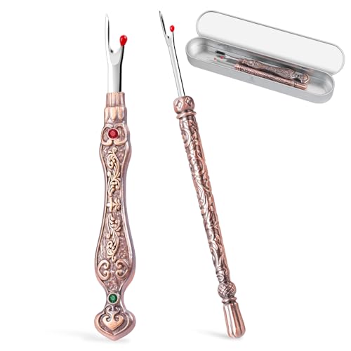 2Pcs Vintage Seam Rippers, Metal Stitch Remover Set, European Carved Handle Stitch Ripper, Sharp Durable Handy Crafting Removing Threads Tools for Needlework, Leatherwork (Red Copper AB) - color: Red Copper AB