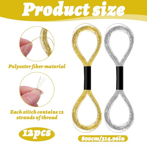 12 Skeins Metallic Embroidery Thread, Embroidery Floss Metallic Thread Glitter Threads String Cross-Stitch Threads for Sewing Making Yarn Hand Accessories(Gold+Silver)