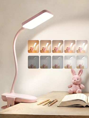 Pink Desk Lamp Cute Clip on Lamp,45 Modes Dimmable+450 Lumen Clip on Light - color: Pink