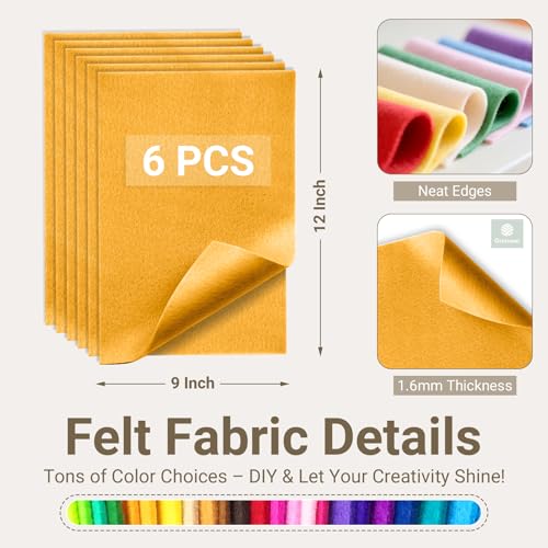 Gold Soft Felt Sheets for Crafts, 9" x 12", 1.6mm Thick, 6 Pcs - color: Gold